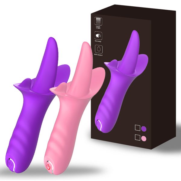 Silicone vibration rods vibrate the tongue, female tongue licking the masturbation device to tease